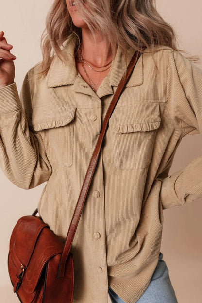 Frill Button Up Long Sleeve Shacket-Nordavory