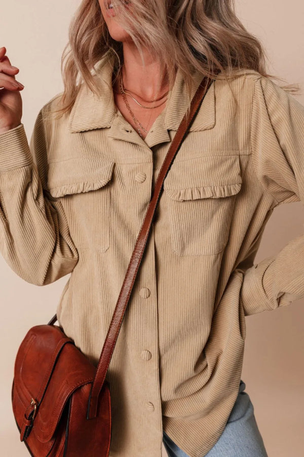 Frill Button Up Long Sleeve Shacket-Nordavory
