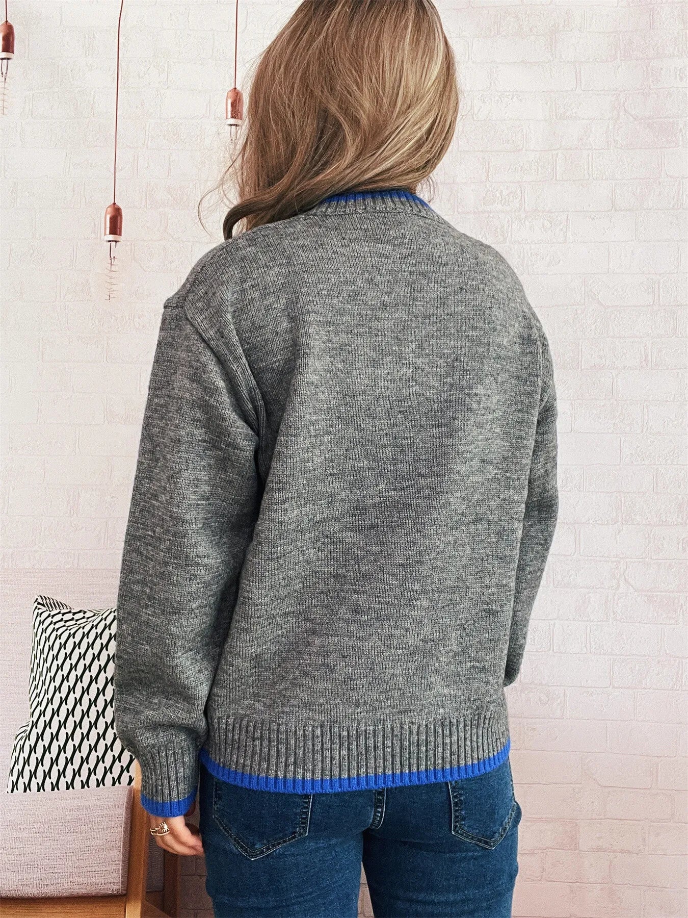 Ribbed Contrast Trim Long Sleeve Sweater-Nordavory