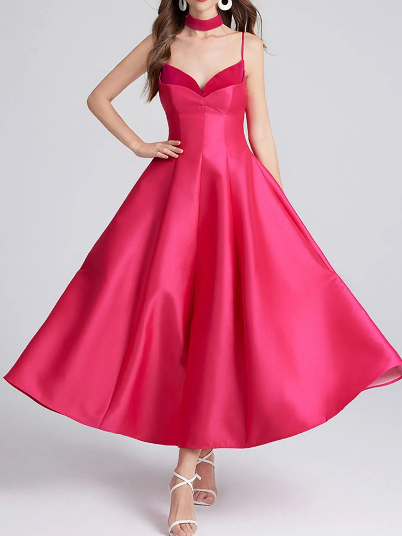 Sweetheart Spaghetti Strap Midi Dress with Collar-Nordavory