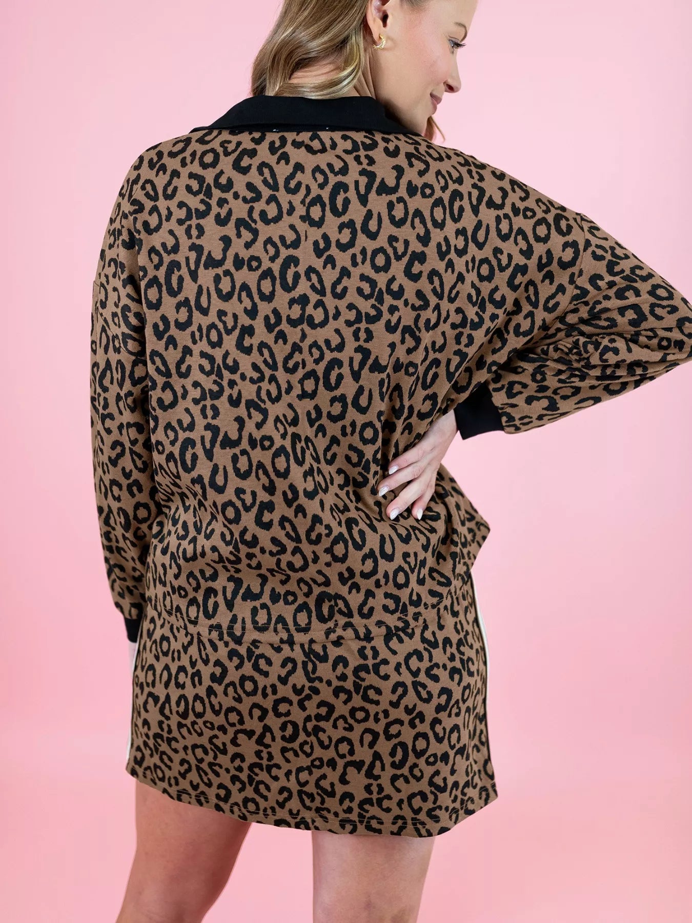 Leopard Print Half Zip Pullover & Drawstring Skirt Set-Nordavory