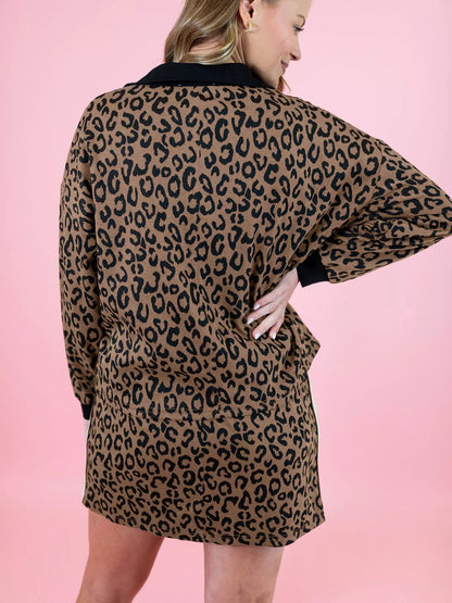Leopard Print Half Zip Pullover & Drawstring Skirt Set-Nordavory