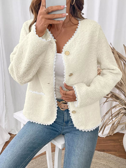 Lace Detail Button Up Long Sleeve Outerwear-Nordavory
