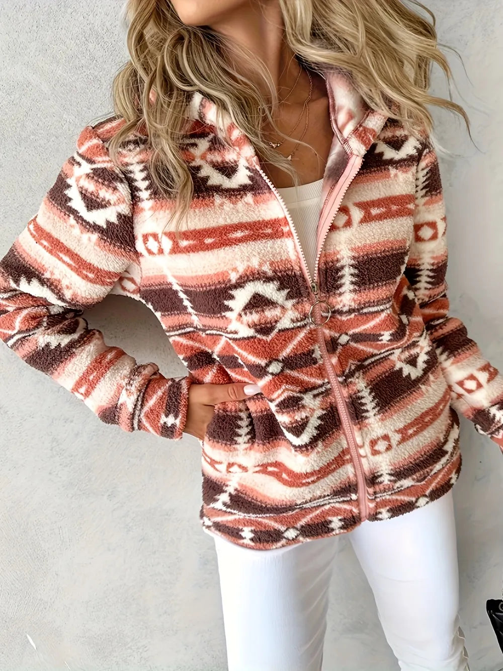 Geometric Zip Up Long Sleeve Hooded Jacket-Nordavory