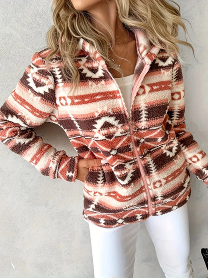 Geometric Zip Up Long Sleeve Hooded Jacket-Nordavory