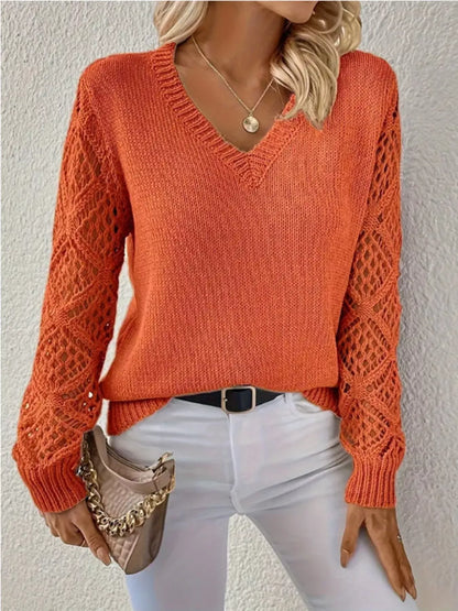 V-Neck Crochet Sleeve Sweater-Nordavory