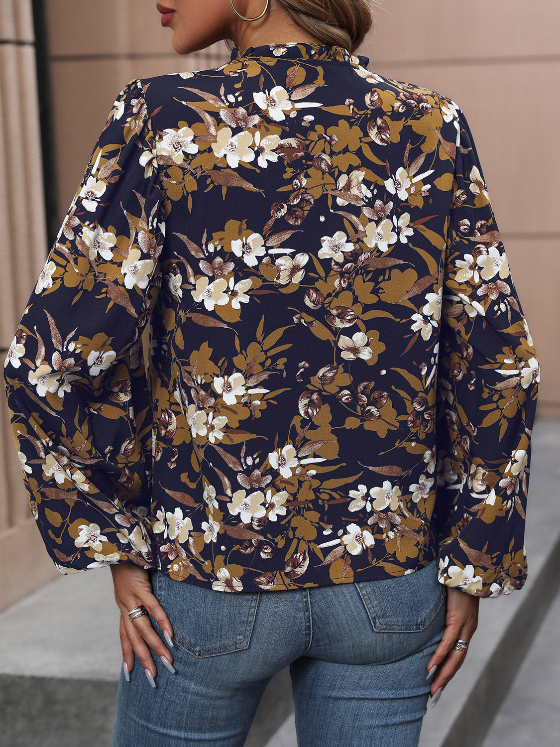 Perfee Floral Notched Balloon Sleeve Blouse-Nordavory