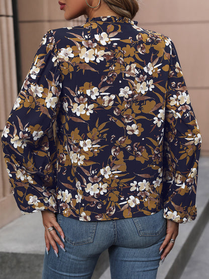 Perfee Floral Notched Balloon Sleeve Blouse-Nordavory