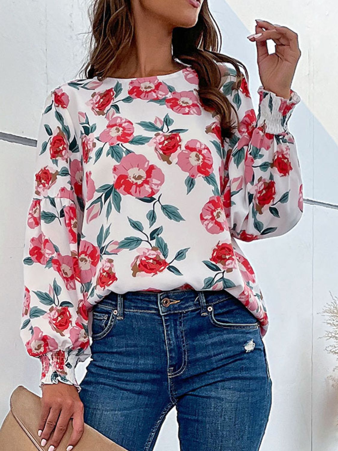 Perfee Floral Long Puff Sleeve Round Neck Blouse-Nordavory