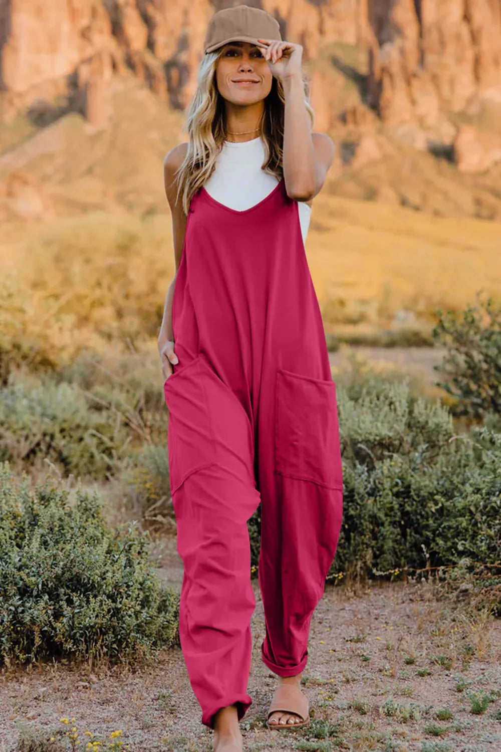 Double Take Full Size V-Neck Sleeveless Jumpsuit with Pockets-Nordavory