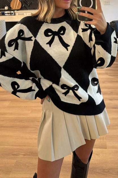 Bow Pattern Long Sleeve Contrast Sweater-Nordavory
