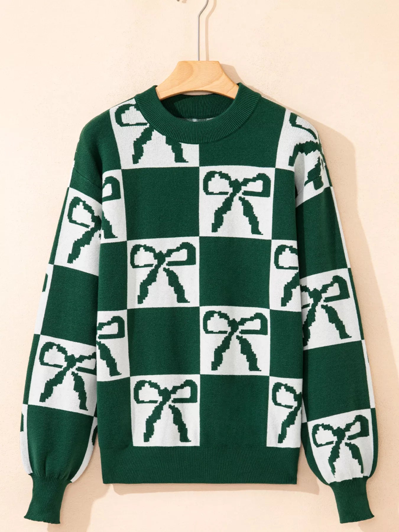 Checkered Bow Round Neck Casual Sweater-Nordavory