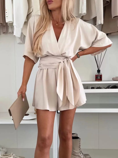 Full Size Surplice Tie Waist Romper Plus Size-Nordavory
