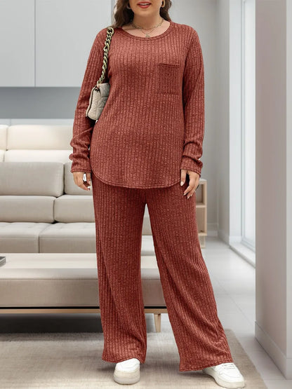 Round Neck Long Sleeve Top and Pants Set-Nordavory