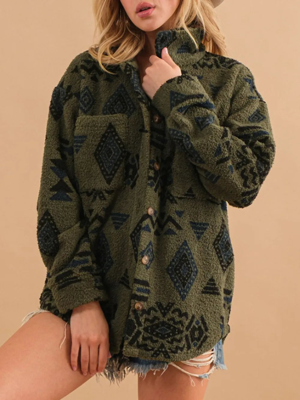 Geometric Button Up Long Sleeve Sherpa Jacket-Nordavory