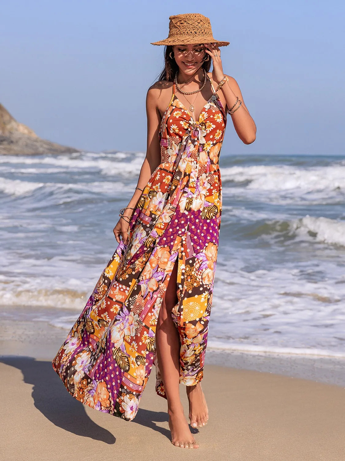 Slit Printed Halter Neck Cami Dress-Nordavory