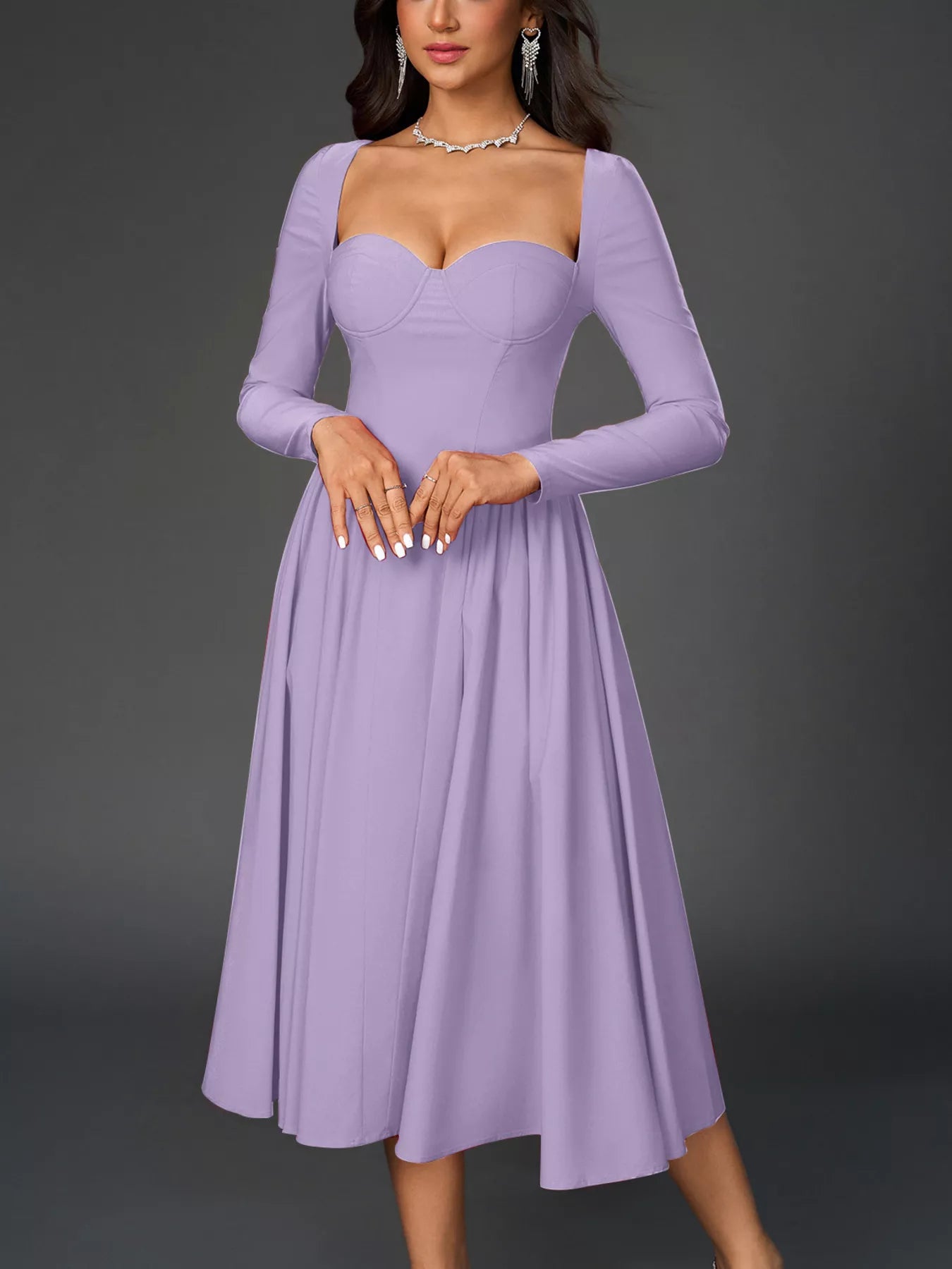 Sweetheart Neckline Long Sleeve A-Line Midi Dress-Nordavory