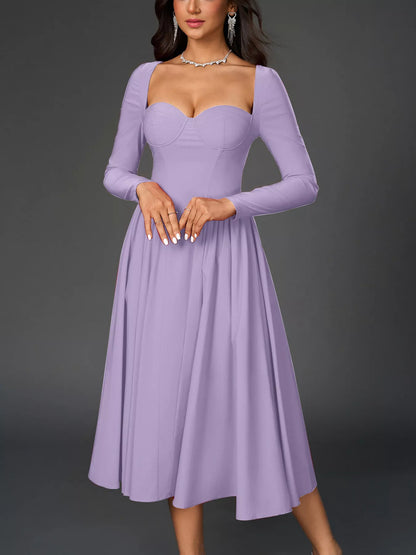 Sweetheart Neckline Long Sleeve A-Line Midi Dress-Nordavory