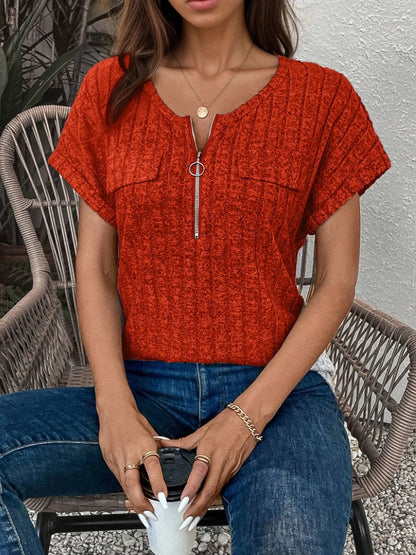 Zip-Front Short Sleeve T-Shirt-Nordavory