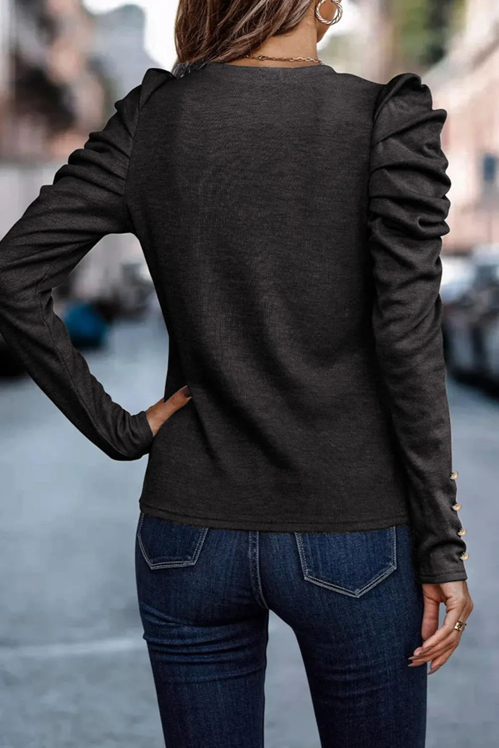 Round Neck Puff Sleeve Sleeve Blouse-Nordavory