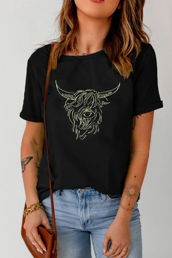 Bull Head Embroidered Round Neck T Shirt-Nordavory