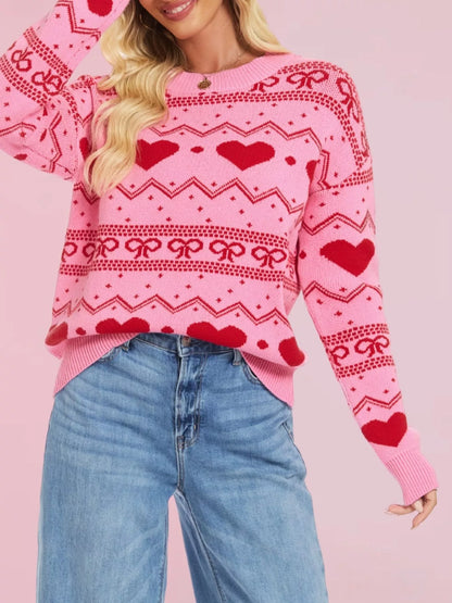 Heart & Bow Pattern Round Neck Sweater-Nordavory