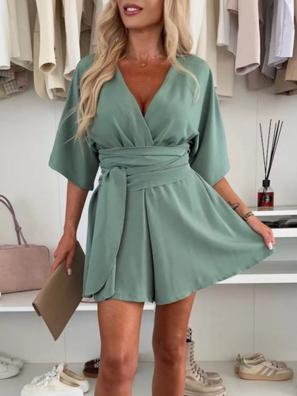 Full Size Surplice Tie Waist Romper Plus Size-Nordavory