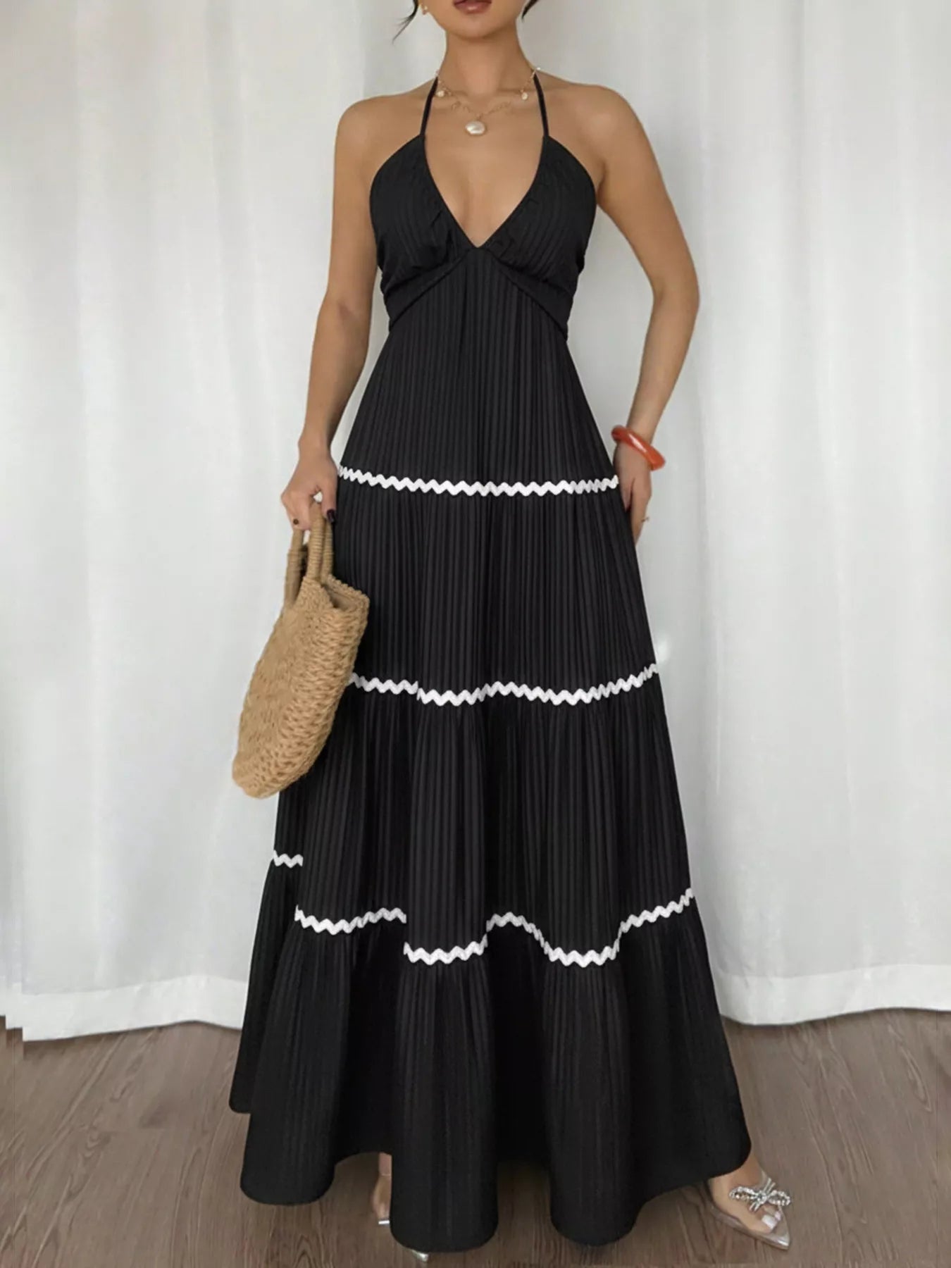 Halter Neck Pleated Maxi Dress-Nordavory