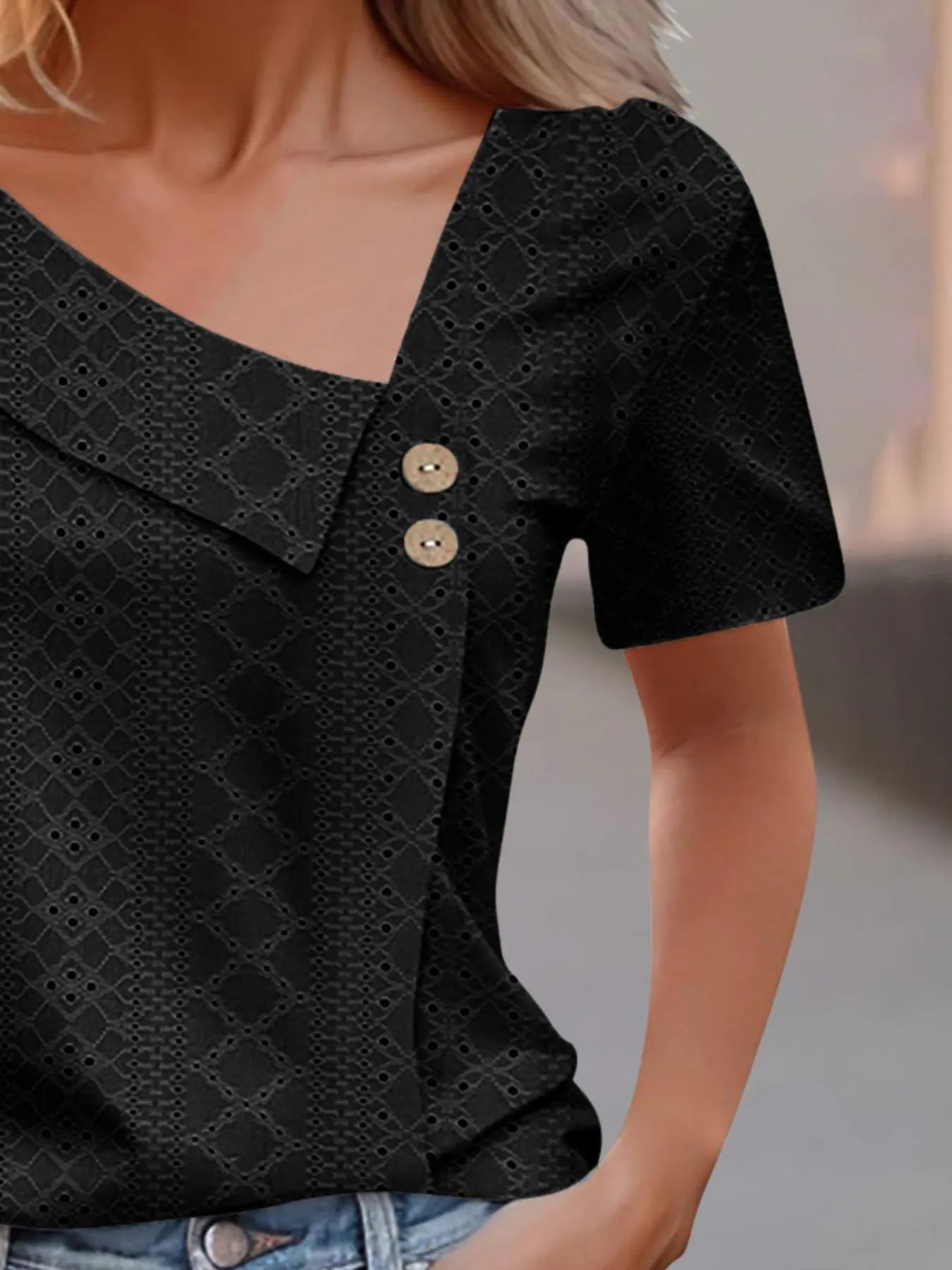 Eyelet Asymmetrical Short Sleeve T-Shirt-Nordavory