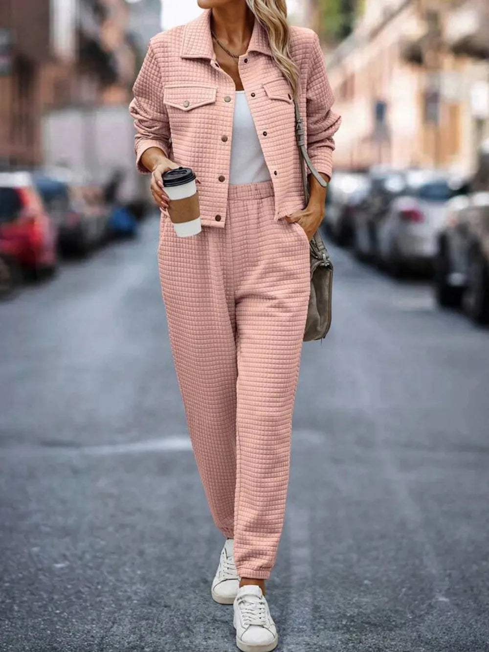 Plaid Texture Snap Down Top and Pants Set-Nordavory