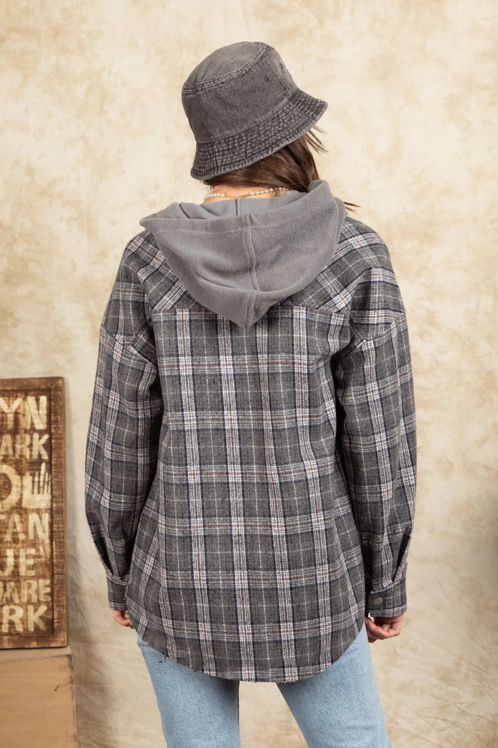 Drawstring Plaid Long Sleeve Hooded Jacket-Nordavory