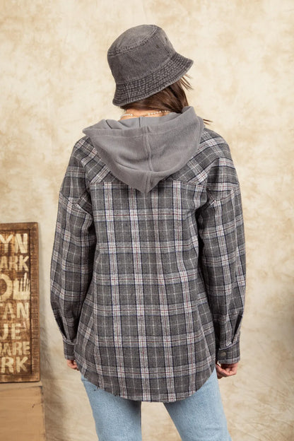 Drawstring Plaid Long Sleeve Hooded Jacket-Nordavory