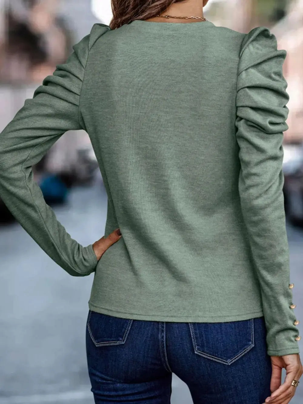 Round Neck Puff Sleeve Sleeve Blouse-Nordavory
