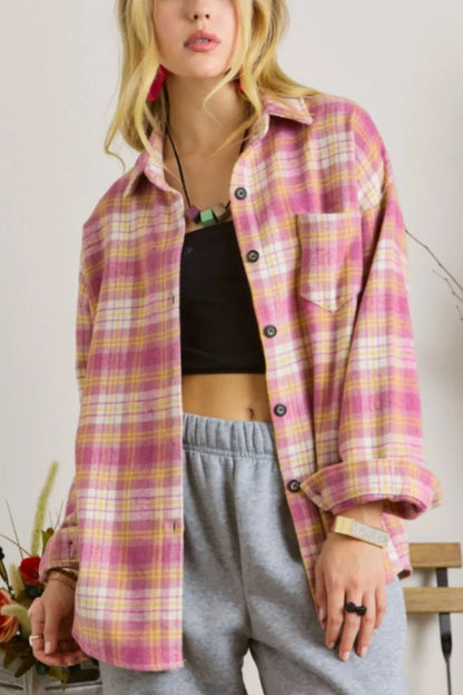 Plaid Collared Neck Button Up Shacket-Nordavory