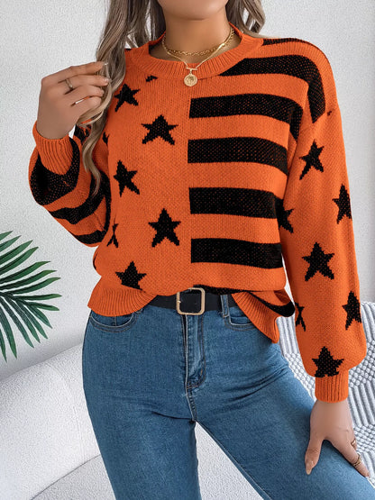 Stars and Stripes Pattern Casual Round Neck Sweater-Nordavory