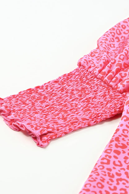 Leopard Smocked Flounce Sleeve Blouse-Nordavory