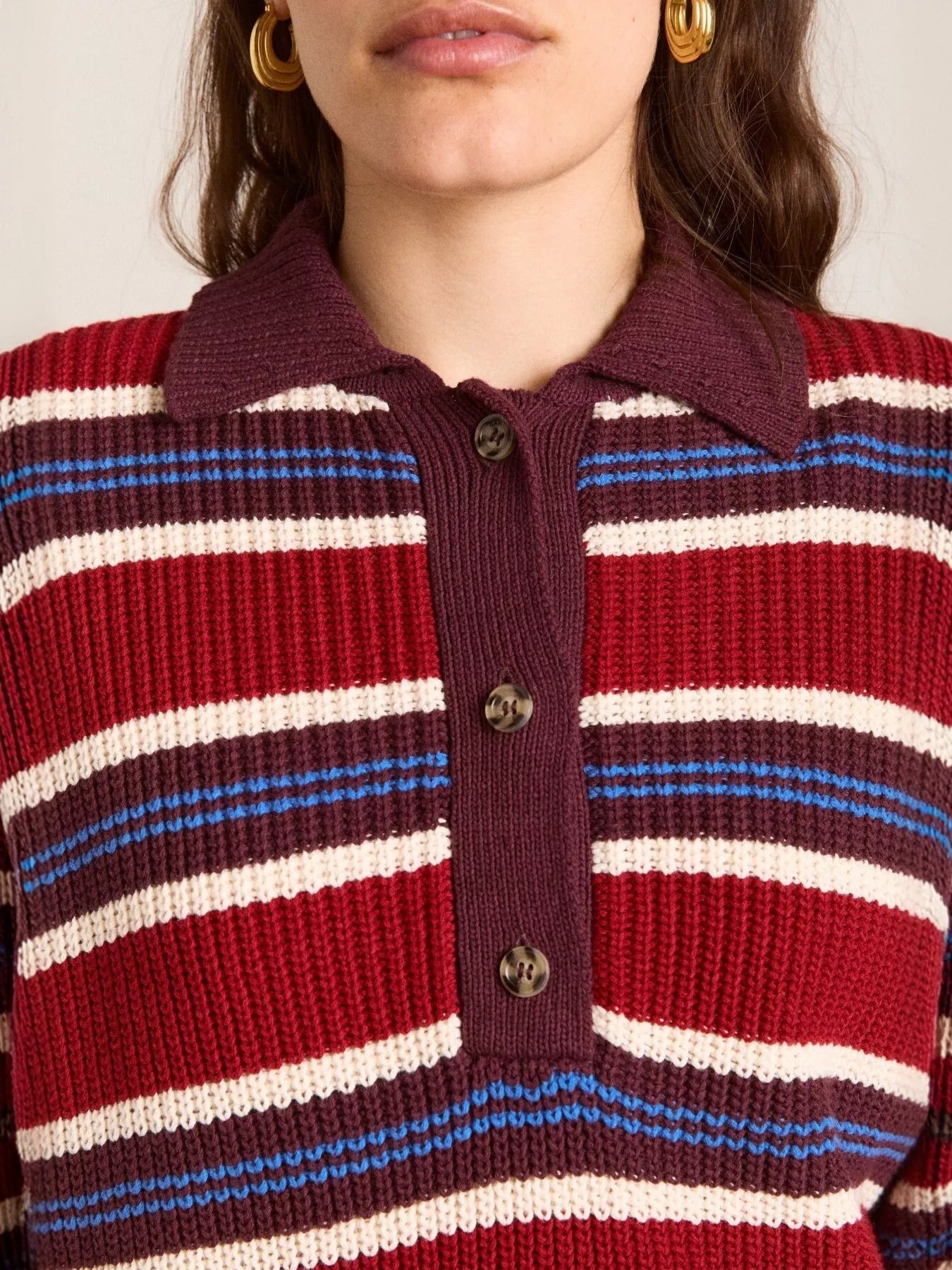 Striped Button Detail Polo Collar Sweater-Nordavory