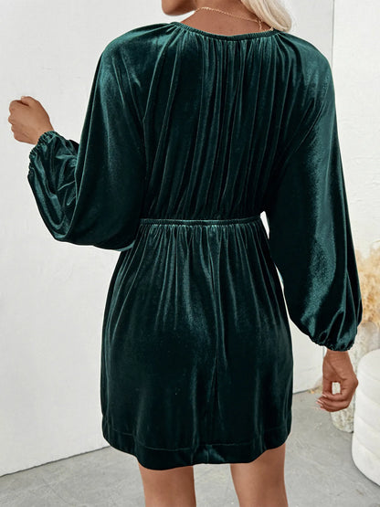 Ruched V-Neck Balloon Sleeve Dress-Nordavory