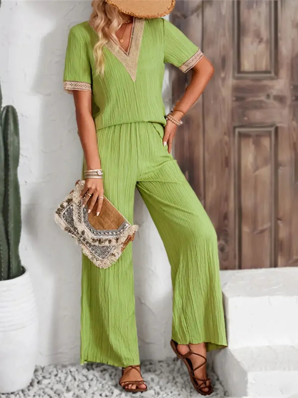 V-Neck Short Sleeve Top and Pants Set-Nordavory