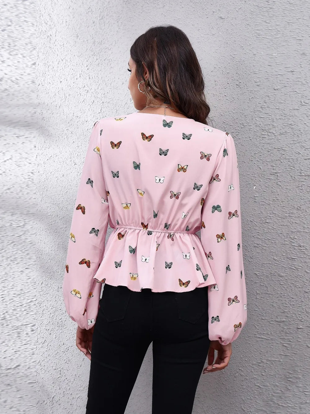 Butterfly V-Neck Balloon Sleeve Peplum Blouse-Nordavory