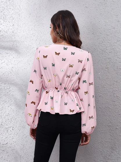 Butterfly V-Neck Balloon Sleeve Peplum Blouse-Nordavory
