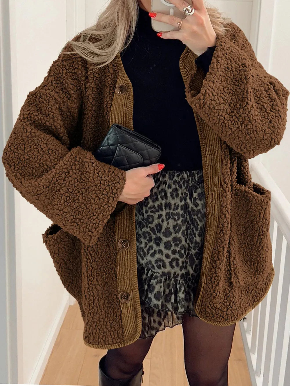 Contrast Button Up Sherpa Jacket with Pockets-Nordavory