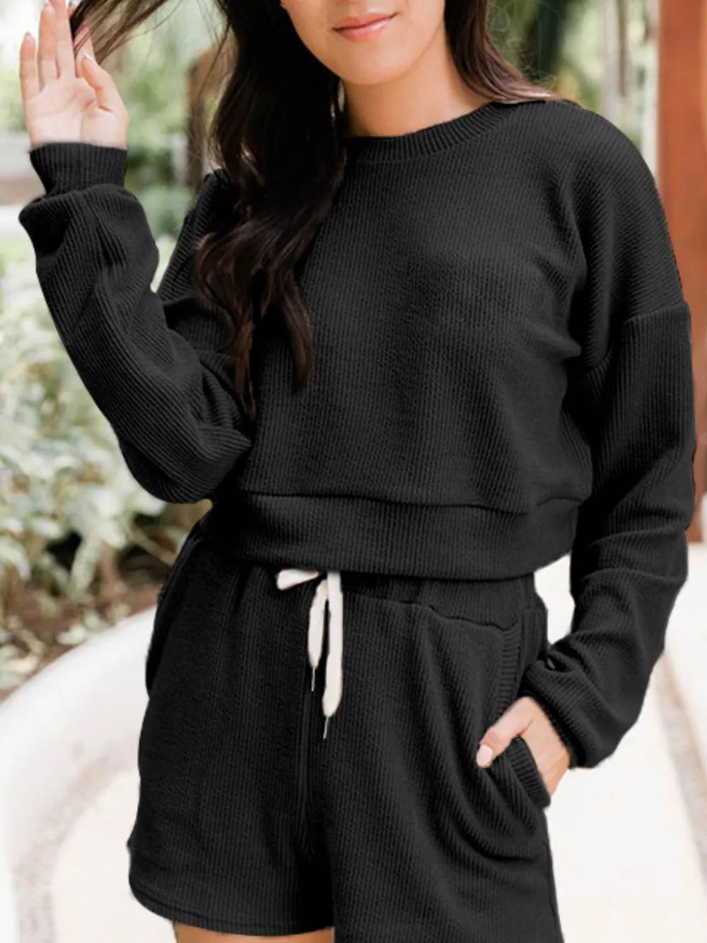 Ribbed Round Neck Long Sleeve Top and Shorts Set-Nordavory