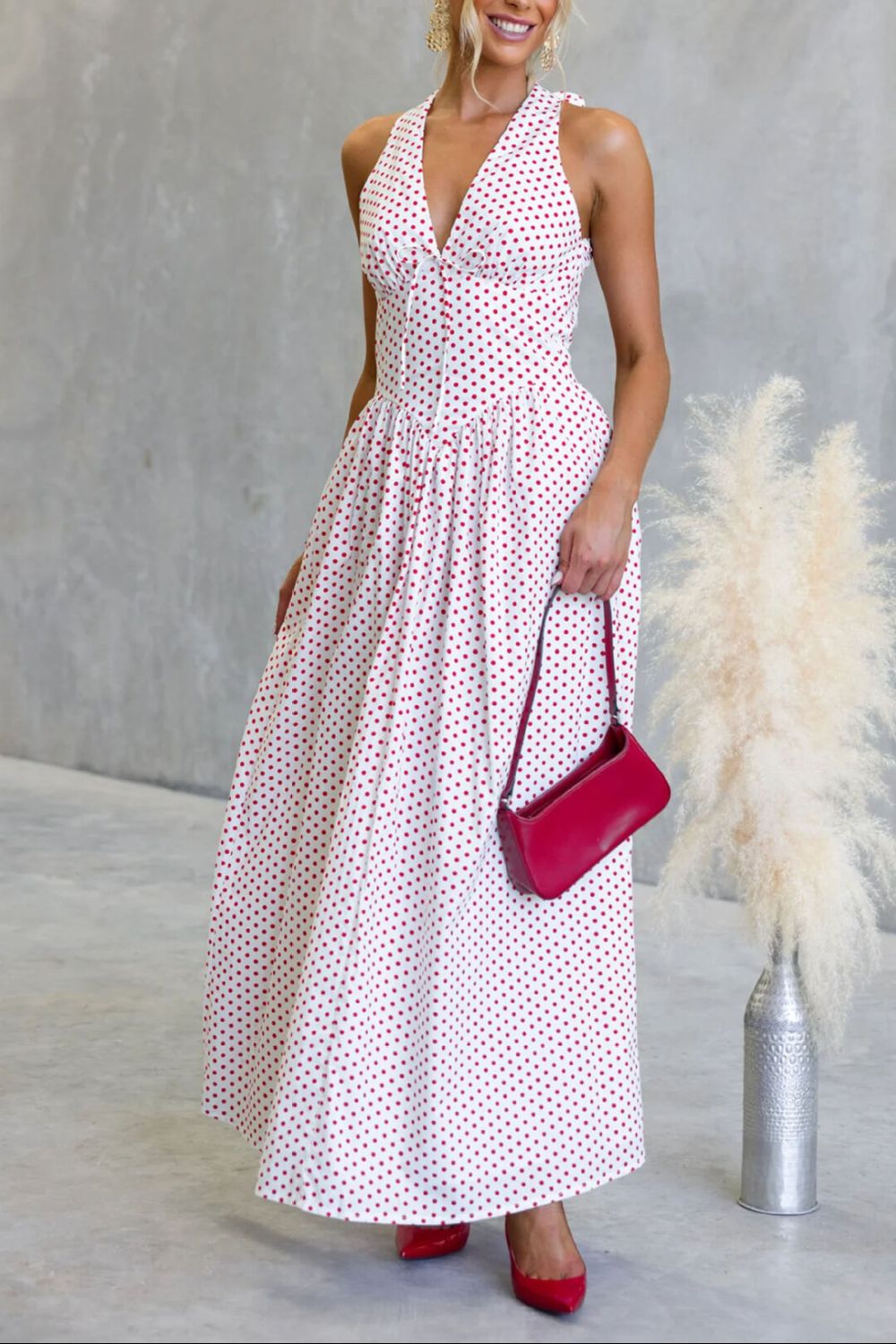Backless Polka Dot Halter Neck Maxi Dress-Nordavory