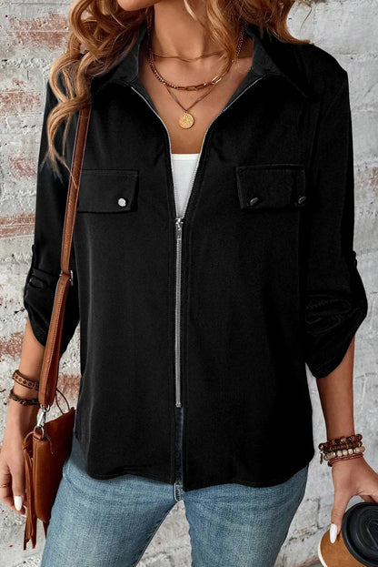 Pocketed Zip Up Collared Neck Long Sleeve Jacket-Nordavory