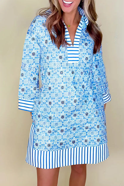 Striped Hem Printed 3/4 Sleeve Dress-Nordavory