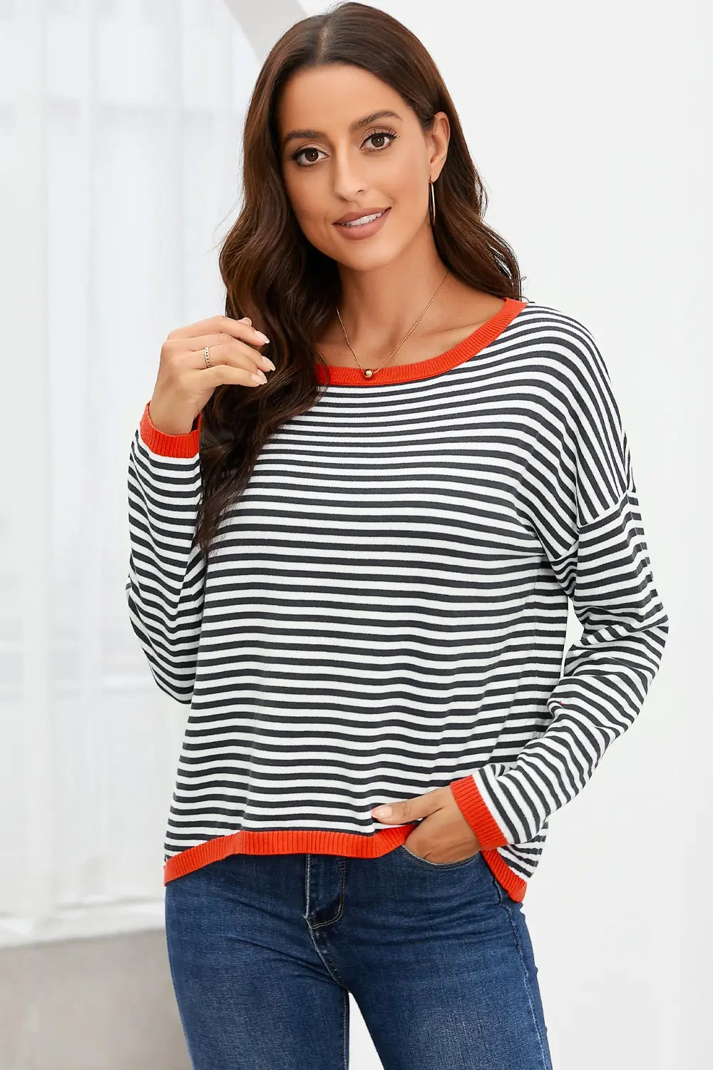 Striped Round Neck Drop Shoulder T-Shirt-Nordavory