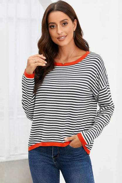 Striped Round Neck Drop Shoulder T-Shirt-Nordavory