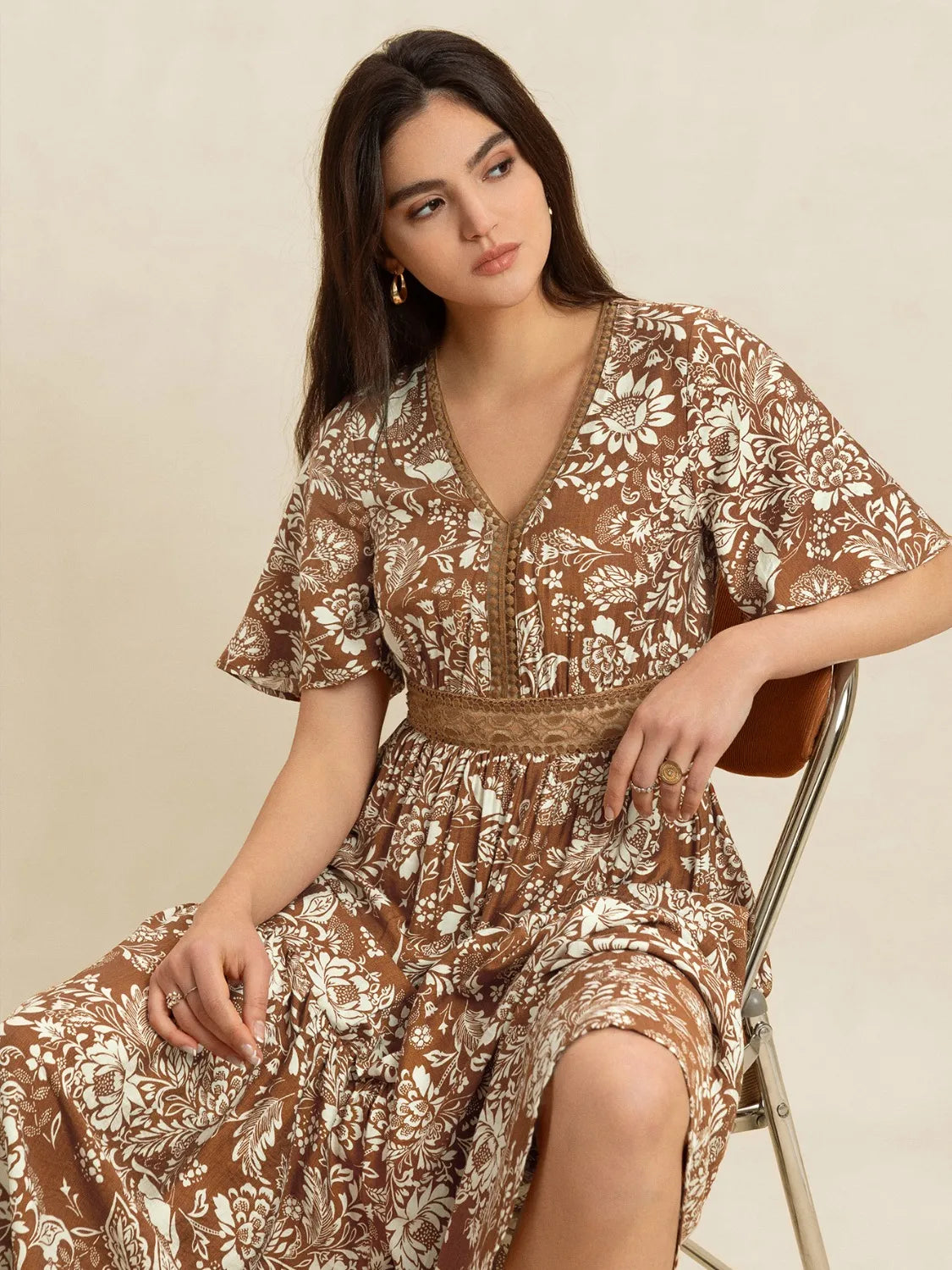 Lace Detail Printed Short Sleeve Midi Dress-Nordavory