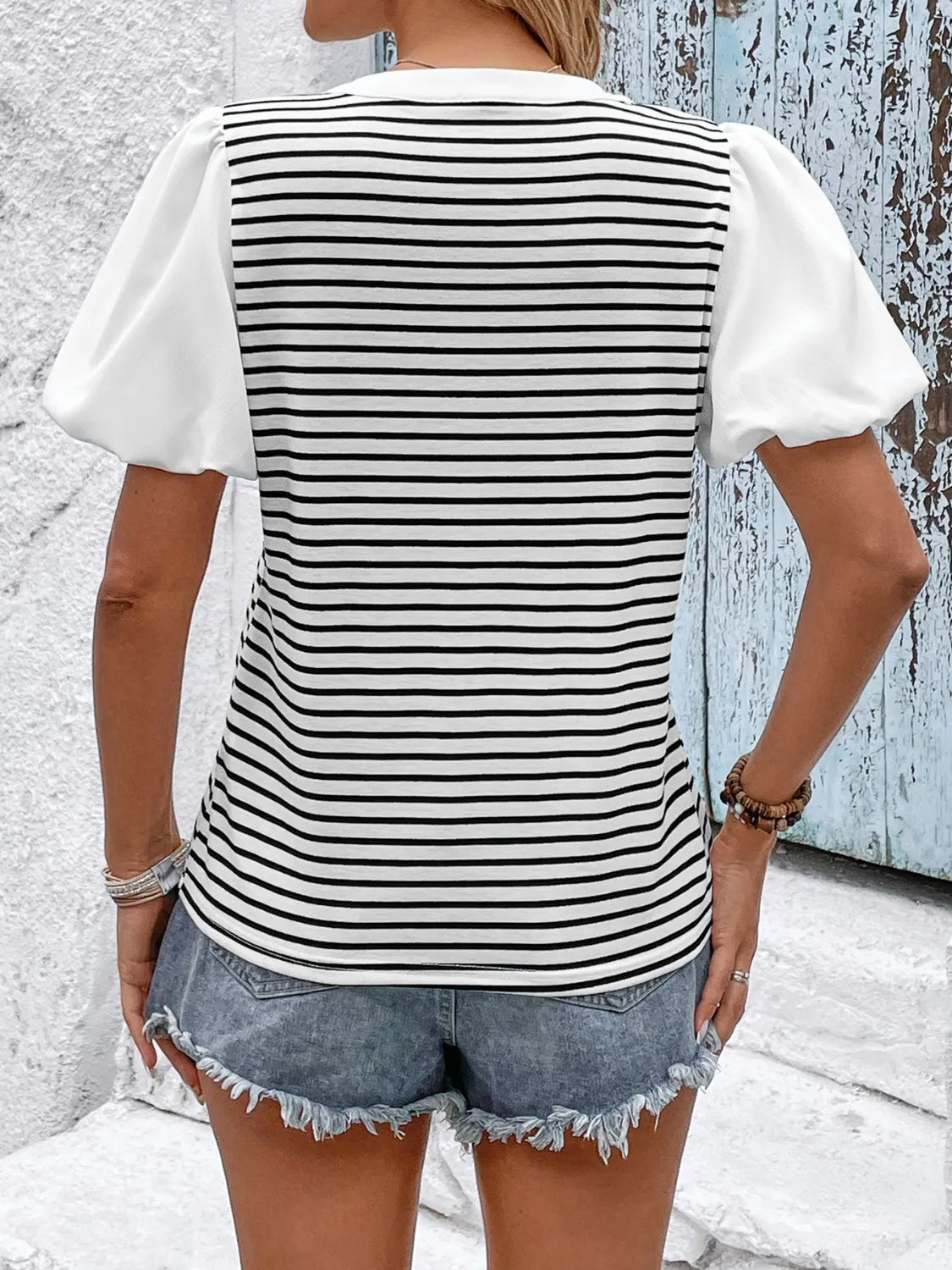 Striped Notched Short Sleeve T-Shirt-Nordavory